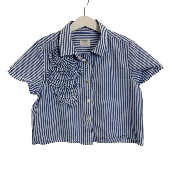 J Crew Crewcuts Cropped Button Up Striped Shirt Ruffle Accent Girls 10 - Picture 1 of 11